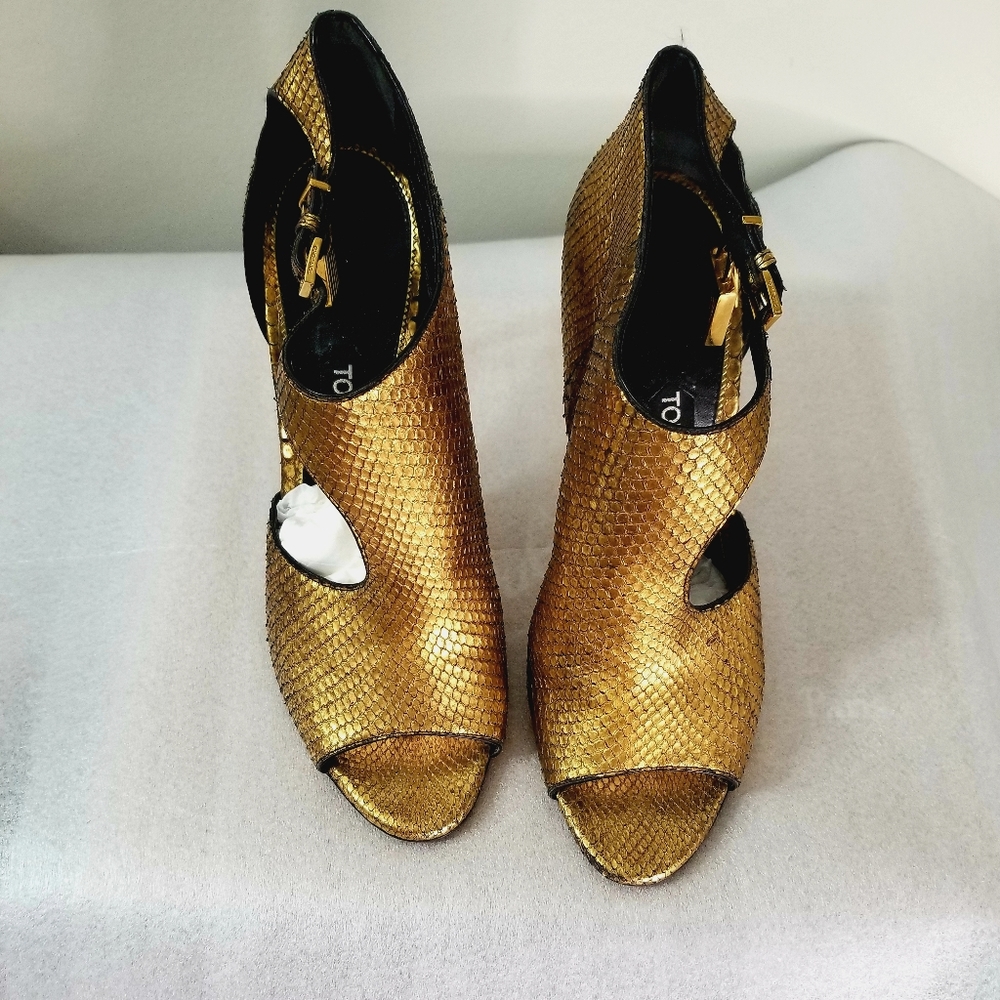 Tom Ford Python Metallic Gold Lock Sandals - image 4